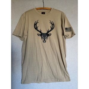 Bucked Up Mens L T Shirt Tan Deer Antler American Flag Graphic Tee Hunting Gorp